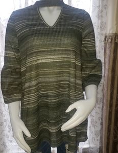 Isela Knit Ribbed Shirt Olive Green Open Neck Bell